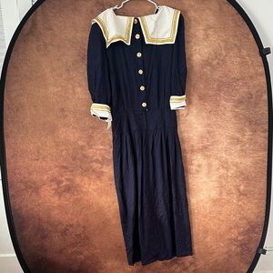 Sarah Elizabeth Navy and Gold Long Sleeve Dress Nautical Style Vtg
